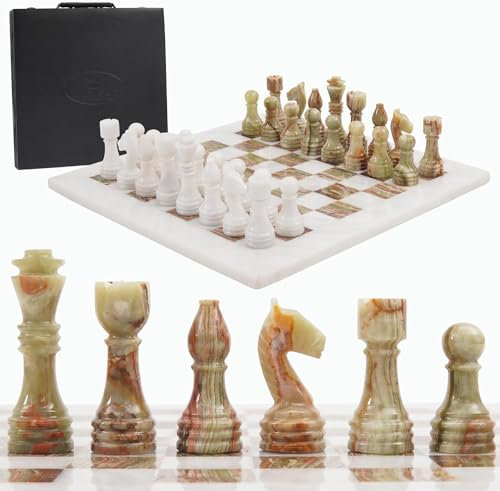 RADICALn 15 Inches Handmade White and Green Onyx Marble Full Chess Game Original Marble Chess Set