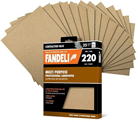 Fandeli | Mehrzweck-Schleifpapier | 220 Körnung | 25 Blatt a 23 x 28 cm | Metall- und Holzschleifpapier | Wandschleifpapier | Handschleifen | Exzenterschleifer