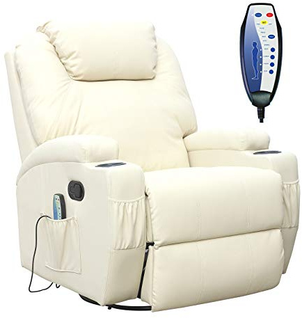 WestWood Bonded Leather Massage Cinema Recliner Sofa Chair Armchair Swivel Rocking With Heating Function Cup Holder Beige