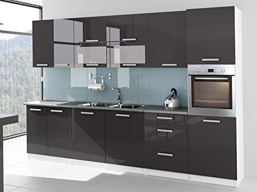 Tendencio Cuisine complète laquée Brillant 3m20 Tara Gris avec Colonne Four et Plan de Travail