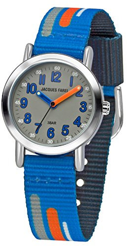 JACQUES FAREL Kinder-Armbanduhr Jungen Analog Quarz mit Stoffband Textilband Blau Orange Grau KPS 201