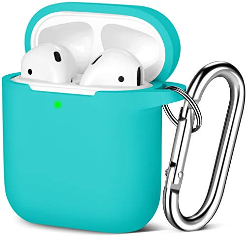Maledan Kompatibel mit AirPods Hülle AirPods Case Apple Airpods 2 & 1, Voller Schutz Silikon Schutzhülle (Front LED Sichtbar) mit karabiner, Teal
