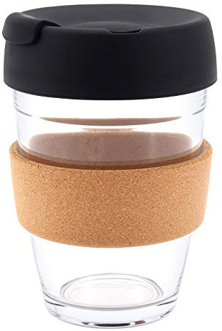 Hosoncovy 350ML Reusable Glass Coffee Cup with Cork Sleeve Heat Resistant Cork Band Travel Coffee Mug with Lid 12 OZ Coffee Cup (Black)