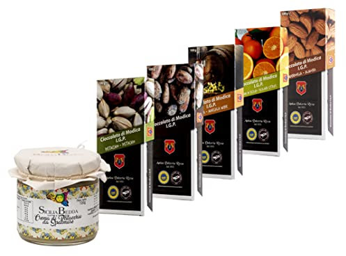Sicilia Bedda - CIOCCOLATO DI MODICA IGP - 5 Gusti di Cioccolata di Modica SENZA GLUTINE con Crema Dolce di Pistacchio 100 Gr. - ANTICA DOLCERIA RIZZA (Mandorla/Tradizionale/Agrumi/Pistacchio/Marsala)