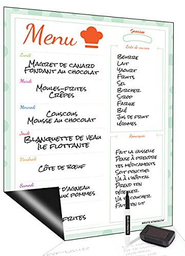 Brute Strength - Tableau blanc magnétique, planificateur de menus, français, magnétique, flexible, effaçable à sec, agenda hebdomadaire pour réfrigérateur, repas en famille (42 x 29 cm)
