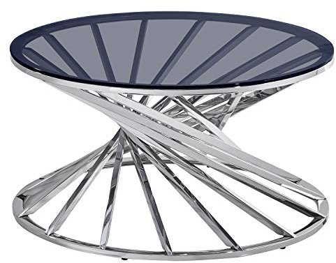 AINPECCA Silver Round Glass Coffee Table for Living Room- Stainless Steel Spiral Frame with Light Grey Tempered Glass- 80CM Modern Sleek Center Table
