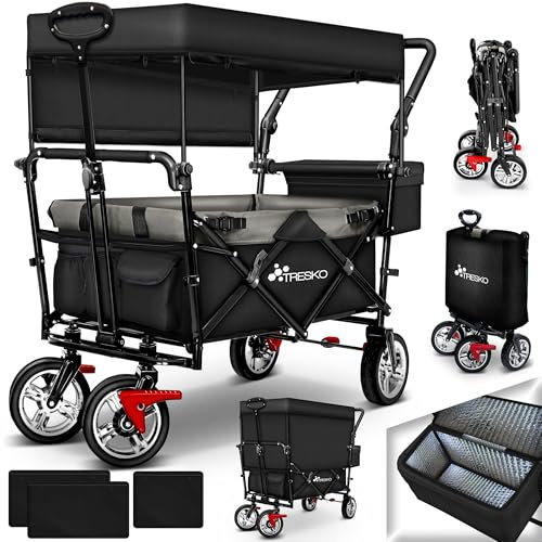 TRESKO Bollerwagen faltbar mit Dach, Kühltasche & Seitenrollos | Handwagen mit 3-Punkt Gurtsystem | Gartenwagen klappbar | Transportwagen mit Vollgummi-Reifen + Bremse + Tragetasche (Schwarz)