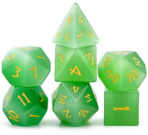 World of Dice - Katzenauge Edition - edles Würfelset aus echtem Schmuckstein, 7-teiliges Würfelset für RPG, Pen and Paper, DND, DSA, D4 bis D20