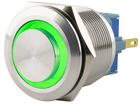 SeKi Edelstahl Drucktaster Ø25mm tastend hervorstehender Kopfform farbig beleuchtetem LED Ring in grün Lötösen / Flachstecker 0,5x2,8 Anschluss; Klingeltaster