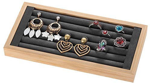 Valyria Soporte organizador de bambú con 5 ranuras para anillos y pendientes, bandeja de almacenamiento para exhibición