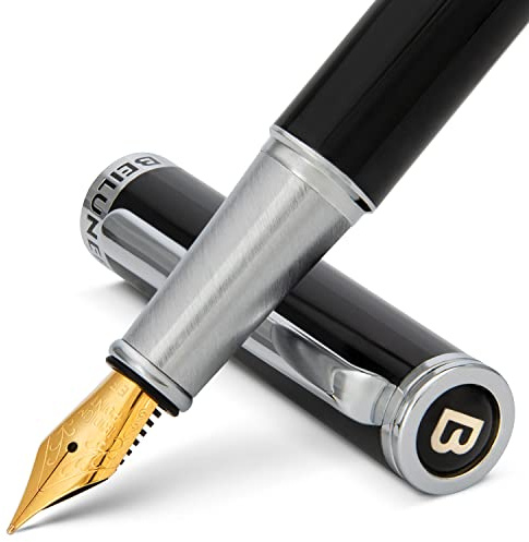 BEILUNER Luxury Fountain Pen Set,Solid 24K Gilded Extra Fine Nib-Stainless Steel Body - Includes 6 Ink Cartridges & Ink Refill Converter with Gift Case - Perfect for Men and Women[Intense Black]