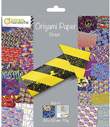 MY MANDARINE OR520C - Kreativset, Origami Papier, 60 Blatt 20x20 cm, 70g, (30 Motiven x2), 1x Stickerbogen Augen, ab 7 Jahren, Street Art, 1 Set