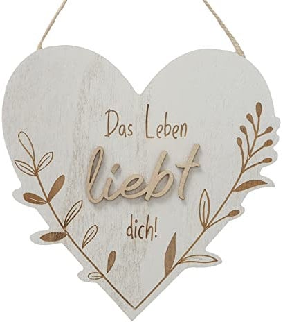 BOLTZE - Herzschild Leben, Holzschild Herz mit Spruch D23cm - Natur Floral, Holz - Türschild, Wandbild, Wanddeko, Wohnzimmer, Geschenk von Herzen