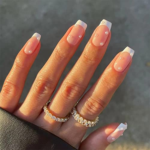 Sethexy Faux Ongles Français Carré Court Ongles a coller Blanc Capsules Ongles Brillant 24 pièces Acrylique Ongles pour les femmes et les filles