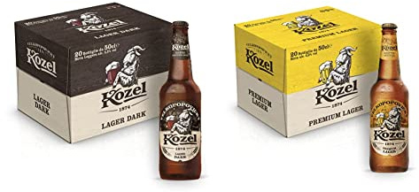 Kozel Birra Lager Dark, Cassa Birra con 20 Birre in Bottiglia da 50 cl, 10 L, 3.5% Vol & Birra Premium Lager, Cassa Birra con 20 Birre in Bottiglia da 50 cl, 10 L, 4.6% Vol