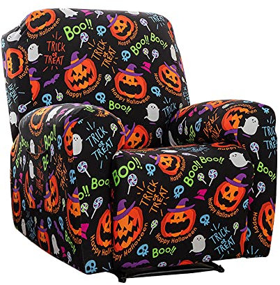 Highdi Halloween Druck Stretchhusse für Relaxsessel Sesselbezug 4-teiliges Set, Komplett Sesselschoner Ruhesessel Bezug für Fernsehsessel, Liege Sessel, Recliner Sessel (Kürbis)