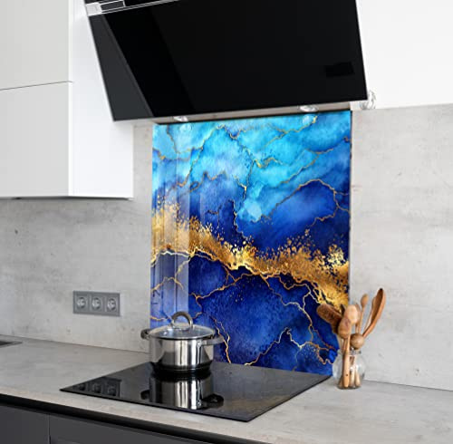 Myphotostation Marble Textured Tempered Glass Backsplash 70WX43H'' Blue Marble Splashback for Kitchen Decor Bathroom Wall Protector Oven Backsplash Panel Tile Glass Stove Splashback Kitchen Decor
