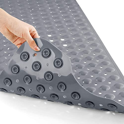 Yimobra Bath Mat 100 x 40 cm, Extra Long Non-Slip Shower Mats with Drain Holes and Suction Cups, Machine Washable, Bathtub Mats Ideal for Elderly & Children, Soft on Feet, Grey