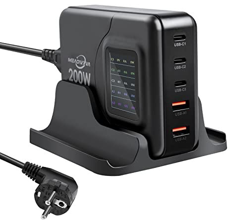 Meaowxva 200W USB C Gan Ladegerät Display, 5 Port Desktop Fast Ladestation PD 100W 65W USB PPS Ladestation, Laptop Stromversorgung für MacBook Pro/Air, iPad, iPhone, Switch, Samsung Galaxy