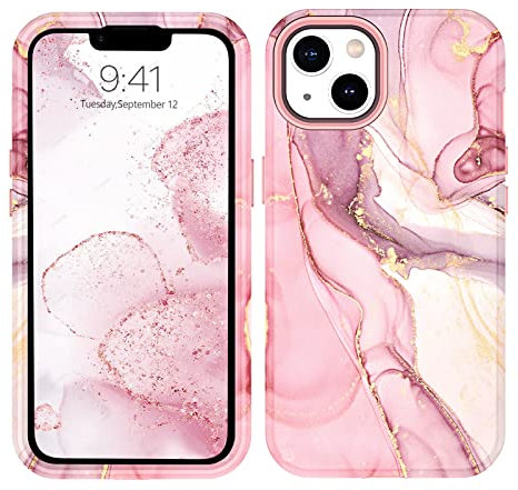 YINLAI for iPhone 14 Case Marble Pattern 3 in 1 Full Body Rugged Hard PC Back Cover Bumper, Drop Shockproof Protection Girly Women Case for iPhone 14 6.1 Inch, Rose Gold Pink