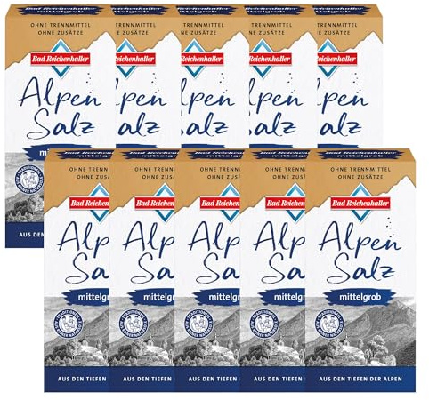 Bad Reichenhaller Mittelgrobes Alpensalz 10x1Kg Vorratsangebot | ohne Zusätze natürlich regional Siedesalz | Großverpackung 10kg Salz