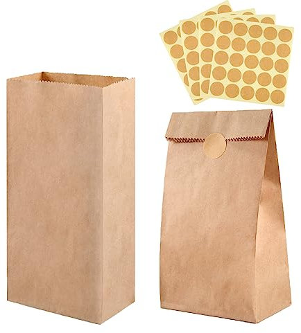 ihaspoko 100 Stück Papiertüten, 27×15×9 cm Braun Papier Geschenktüten, Kraftpapiertüten mit Aufklebern für Hochzeit, Geburtstag, Partyzubehör und Geschenke