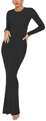 REORIA Women's Fall Sexy Casual Crew Neck Lounge Long Dress Formal Wedding Guest Long Sleeve Ribbed Bodycon Maxi Dresses Black Large