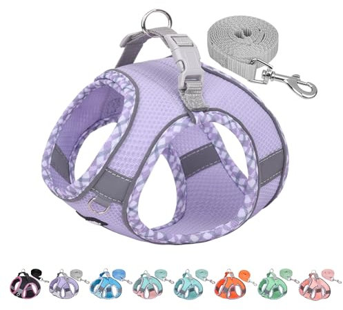 AIITLE Kleines Hundegeschirr, Katzengeschirr mit Leine, einstellbares Hundegeschirr mit Schnellverschluss, reflektierende Weste für extra kleine Hunde und Hauskatzen Lila XXS