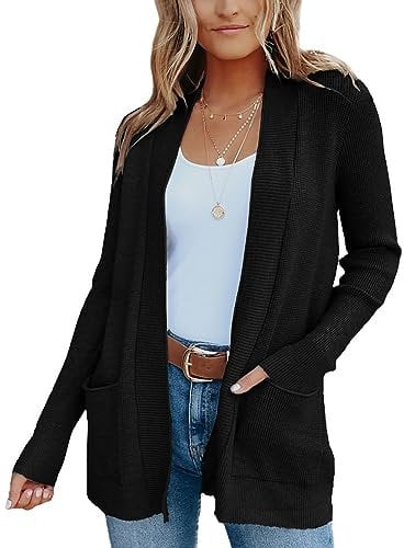 Fessceruna Damen Langarm Strickjacke Vorne Offen Cardigans Leicht Gestrickt Jacke mit Taschen, Schwarz, M