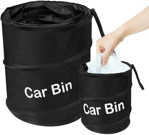 lapinchen Pop up Car Trash Bin, Collapsible Garbage Bin, 2 Pieces Foldable Nylon Recycle Container, Easy to Clean, Reusable In The Back Seat of Cars, Family Gatherings, Camping, etc. (2 Sizes Black)