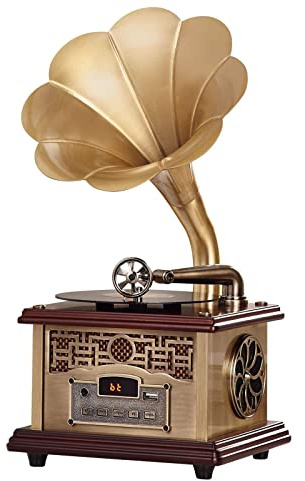 VejiA Retro Classic Gramophone Phonograph Shape Stereo Speaker,Turntable Record Player Bluetooth 4.2 Aux- Interesting Life
