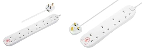 Masterplug SRG6210N-MP Six Socket Surge Protected Extension Lead, 2 Metres, White & SRG4210N-MP Four Socket Power Surge Protected Extension Lead, 2 Metres, 25 x 5.5 x 3 cm
