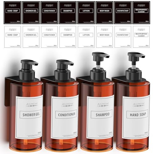 Anhow 4pcs Shampoo and Conditioner Dispenser, 500ml Soap Dispenser Wall Mounted 17oz Drill Free Soap Dispenser with 16pcs Labels for Bathroom, Kitchen - Brown