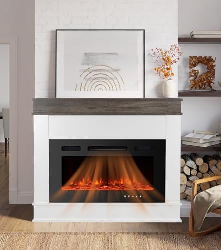 M.C.Haus Camino Elettrico con Ripiano per Camino, 30/76cm Caminetto Nero Inserito, Temperatura e Fiamma Regolabili, Design di alta Gamma per lo Spazio Abitativo, Quercia Rustica & Bianco