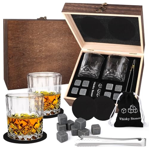 Whisky Geschenk Set,Whisky Steine Geschenkset,Whiskey Gläser Set Enthalten 8 Whiskey Steine & 2 Whisky Gläser& Zubehör,Geschenke für Männer,Geschenke Papa