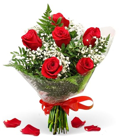 teleROSA Ramo 6 Rosas Rojas Naturales - Flores naturales a domicilio – Tú decides la fecha y el horario de entrega de lunes a sábado - Incluye tarjeta dedicatoria
