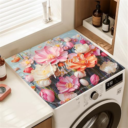 Odot Cubierta para Lavadora, Protector Superior Lavadora y Secadora, Alfombra para Lavadora, Antideslizante, para Lavadora Microondas Refrigerador Universal -Visión 3D (Jardín,40x40cm)