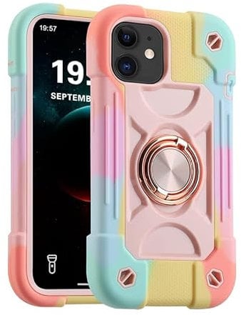 for iPhone 12 Case/iPhone 12 Pro Case with 360°Rotate Ring Stand, Military Grade Drop Shockproof, Full Body Protection, Heavy Duty, 3-Layer Protective Cover for iPhone 12/12 Pro Pink