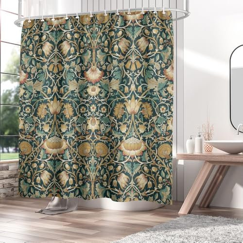 William Morris Art Retro Pflanze Natürliche Blume Muster Duschvorhang,Wasserdicht Schnell Trocknend Polyester Stoff Badezimmer Duschvorhang Set Mit 12 Haken 180x180cm Polyester