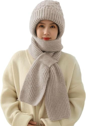 Vmhkjo Integrierter Gehörschutz Winddichte Mütze Schal,2 in 1 Winddichter Mützenschal Niedlich Mütze Schal Set Damen mit Brosche Winter Warm Strickmütze,Kapuzenschal für Frauen