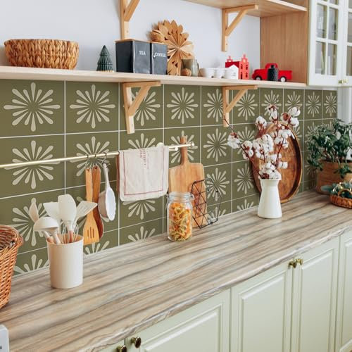Alwayspon Fliesenaufkleber, 25 Stück x 20 cm, Olivgrün, selbstklebend, zum Aufkleben auf Fliesen, Transferaufkleber für Badezimmer, Küche, Backsplash für Herd, abziehen und aufkleben, selbstklebende