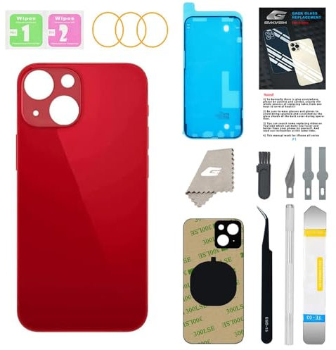 GUPFIX Rückglas-Ersatz für iPhone 13 mit Repir-Werkzeugen, großes Loch, hintere Abdeckung, Glas, Ersatz, alle Träger mit vorinstalliertem Kleber und Reparaturwerkzeug-Kits (rot)