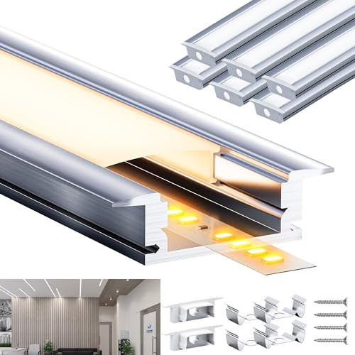 Brillivanture Profilé LED 6 x 2 m, compatible avec Led Stripes/Streifen/Strip, inclut 6 diffuseurs opaques. Idéal pour plinthe et éclairage indirect. Profilé LED 2m en aluminium en U.