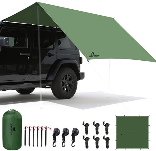 AVOFOREST Lona impermeable 3 x 3, lona ultraligera, lona de camping con 19 ojales+pasadores de aluminio+cuerdas de nailon+gancho ventosa,anti-UV & nieve y lluvia, para exteriores, camping, picnic