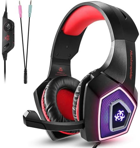 Générique Hunterspider V1 Gaming Headset with Microfono and LED Lights – Wired Over-Ear Headphones for PC, PS4, PS5, Xbox, Laptop – Red