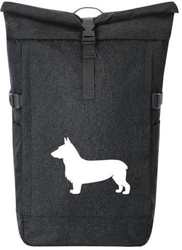 Huuraa Kurierrucksack Welsh Corgi Pembroke Silhouette Geschenk | 30-44 Liter Backpack Black Melange Fairtrade Rolltop Rucksack Geschenkidee Schwarzer Laptop-Rucksack passend für 17-Zoll