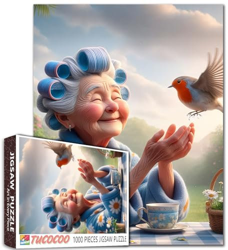 1000 Piece Jigsaw Puzzle, Garden Tea Time with Robin, Artistic Illustration Older Women DIY Puzzles for Challenging Family Activity Games Elderly Lady Art Home Wall Decor Craft Gifts