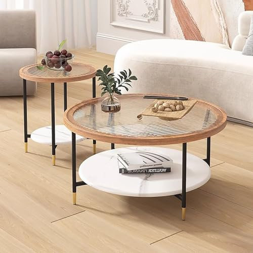 Ensemble table basse ronde en verre – Petite table centrale moderne avec pieds en métal – Design ouvert idéal pour le salon et la chambre à coucher – Meuble TV et table d'appoint 70 + 45 cm