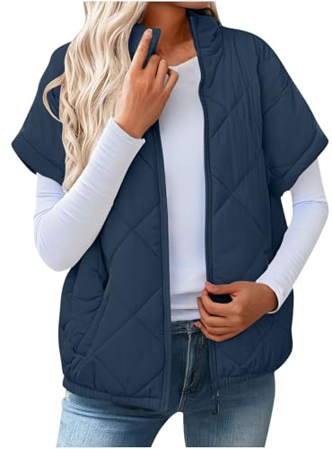 Womens Quilted Gilet Outerwear Puffer Vest Short Sleeve Zip Up Lightweight Jacket Elegant Stand Collar Quilted Jackets Warm Winter Casual Coat Warmer Padded Outdoor Vests with Pocket Gilets