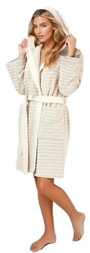 Artower® Damen Bademantel Boho, Frottee 100% Baumwolle, Morgenmantel mit Kapuze, leicht, knielang